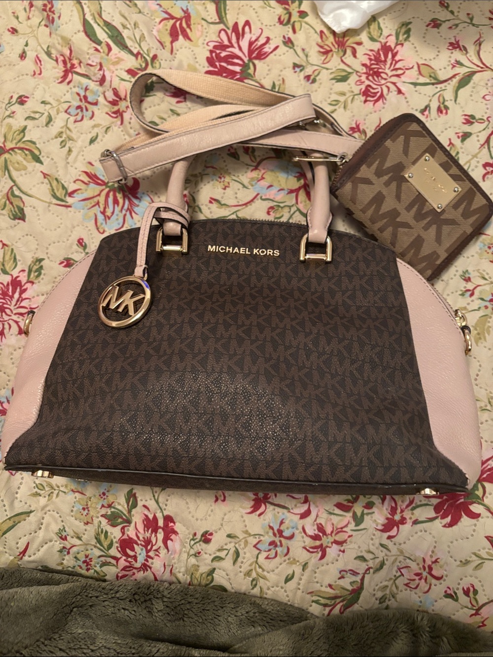 Michael Kors Brown Logo Satchel with Pale Pink/tan Trim